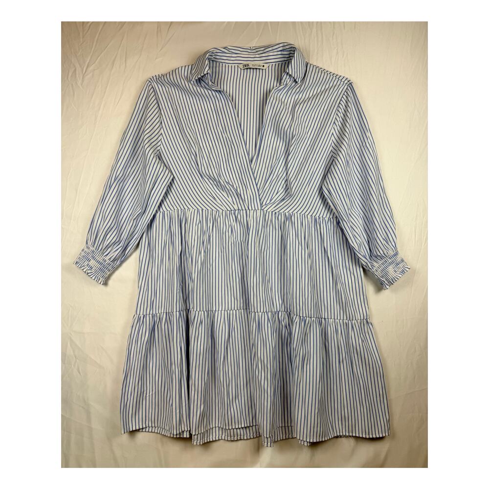 Zara Blue and White Striped Tiered Mini Dress Sz S